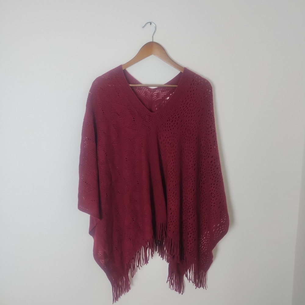 Poncho Sweater Women's One Size Burgundy Fringe Pointelle Knit Boho